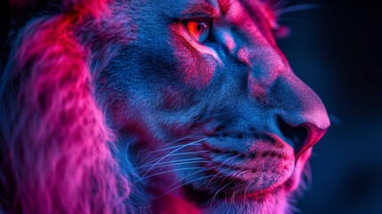 a close up of a lion's face with red and blue light coming out of it's eyes.