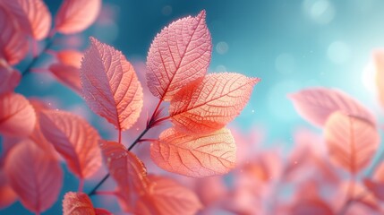 Obraz premium a close - up of a pink leaf on a branch with a blue sky in the backgrounnd.