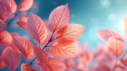 a close - up of a pink leaf on a branch with a blue sky in the backgrounnd.