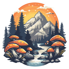 Fototapeta premium Simplistic icon design depicting a mushroom and flask amidst mountain and river scenery, representing a team logo in vector art.