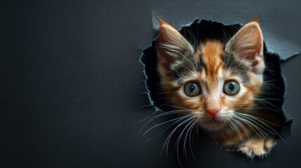 A curious cat looks through a round hole. black paper on the wall Its bright eyes reflected surprise and perseverance. With ample copy space on the side
