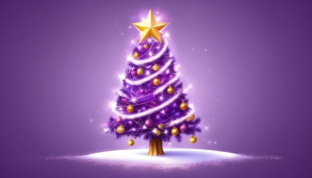 Christmas sparkling bright tree. Merry Christmas and Happy new year. Realistic 3d design of objects, light garlands, snowflake, candy cane, purple colors compositions. Tree star. Vector illustration