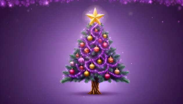Christmas sparkling bright tree. Merry Christmas and Happy new year. Realistic 3d design of objects, light garlands, snowflake, candy cane, purple colors compositions. Tree star. Vector illustration