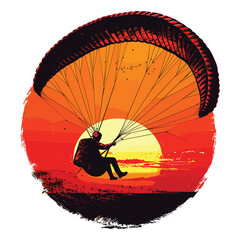 paraglider silhouette on sunset. Vector-style paragliding design against a sunset circle backdrop for a high-quality, colored t-shirt illustration
