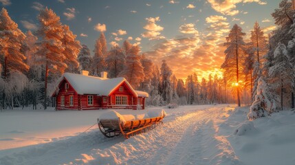 a red cabin in the middle of a snow covered forest with a sled in the foreground and a sunset in the background. - obrazy, fototapety, plakaty