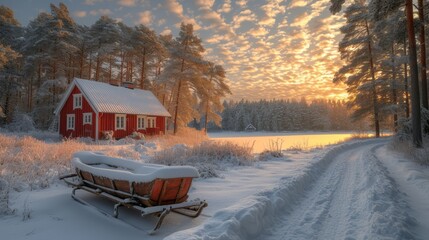 a red house sitting in the middle of a snow covered field with a sleigh in front of it. - obrazy, fototapety, plakaty
