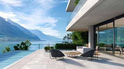 Sunny Modern Retreat: Home Patio with Panoramic View and Functional Outdoor Furniture