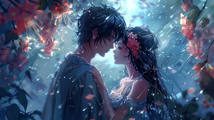 Cute couple in love Romantic wallpaper Anime style, generative Ai