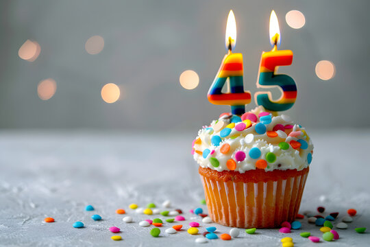 Birthday cupcake with number forty-five candle
