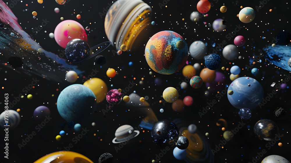 Poster a 3d render of an abstract floating composition made up of various objects like planets and asteroid