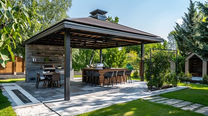 Outdoor Cooking Oasis: Stylish Pavilion with Kitchen in Modern Backyard on Sunny Day