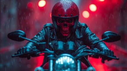a man in a red helmet and leather jacket riding a motorcycle in the rain with red lights in the background.