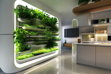 Futuristic Kitchen with Integrated Hydroponic Garden