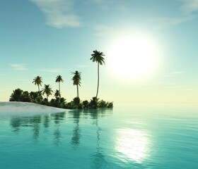 Uninhabited island with palm trees in the ocean at sunset, 3D rendering