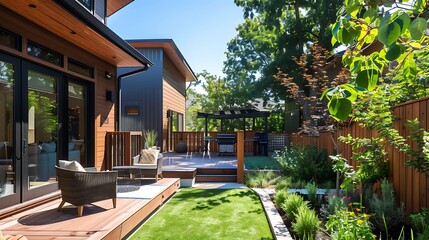 Modern Patio Haven: Revitalized Home's Backyard with Large Deck and Spring Blossoms Under Sun