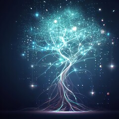 Linear tree with beautiful light particles with dark background.with Generative AI technology	