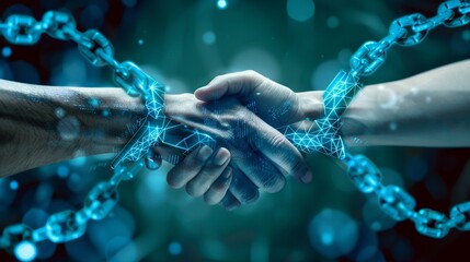 The digital handshake of blockchain technology ensuring secure transactions - obrazy, fototapety, plakaty