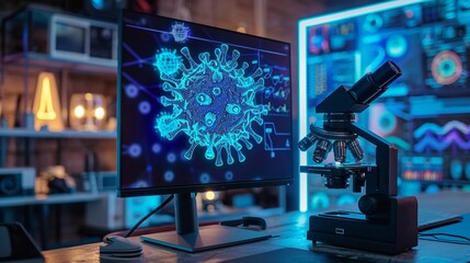 A 3D model of a computer virus under a digital microscope, studying its structure for better defense strategies