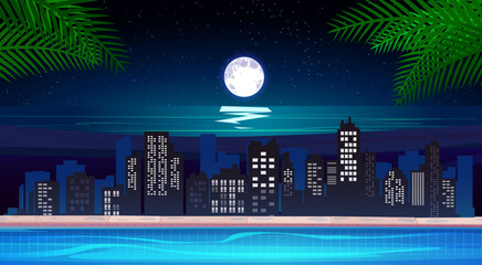 landscape of swimming pool at the city in night
