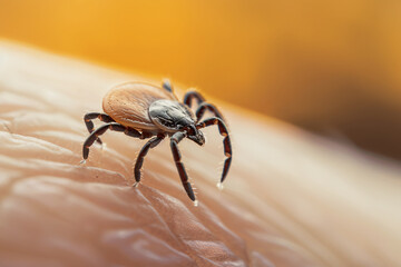 Close up of small tick insect crawling on human skin