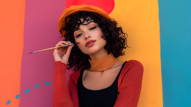 A female artist with curly hair and a beret stands against a colorful background