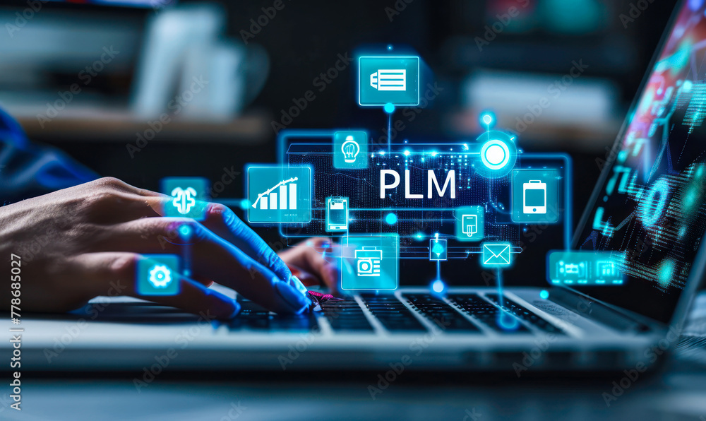 Poster businessman interacting with a product lifecycle management (plm) system interface on a laptop for e