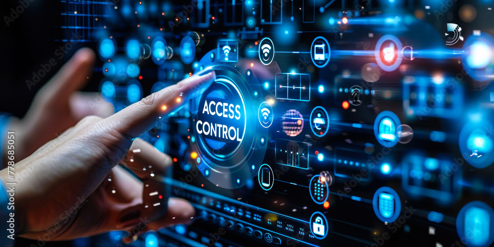 Poster corporate security manager interacting with virtual interface focused on access control surrounded b
