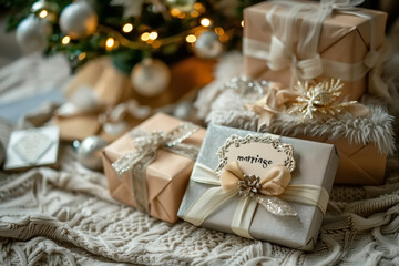 Gifts and marriage greeting card under the Christmas tree