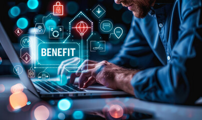 Professional using laptop to access benefits & employee services dashboard, icons representing human resources, insurance, payroll, retirement plans & corporate benefit programs offered to workers