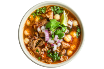 Mexican pozole soup with hominy, pork or chicken, chilies, onions, and spices in a flavorful and hearty broth, traditionally served during celebrations.