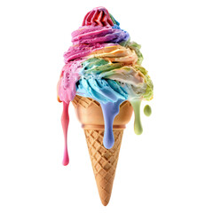 A melting ice cream cone, with colorful scoops dripping down the sides, suspended against a clean white background.