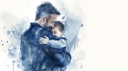 Digital painting of father and son hugging each other in front of a white background.Embrace of Comfort: A Watercolor Representation - obrazy, fototapety, plakaty
