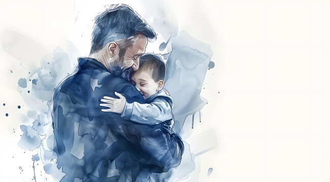 Digital painting of father and son hugging each other in front of a white background.Embrace of Comfort: A Watercolor Representation