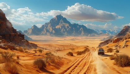 Fototapeta premium Desert Journey, Tell the story of a desert journey through a series of images, from the excitement of departure to the challenges and discoveries along the way
