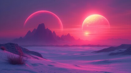 a computer generated image of two planets in the distance, with mountains in the foreground and a pink sky in the background.