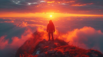Obraz premium a person standing at the top of a mountain with a sunset in the background and clouds in the foreground.