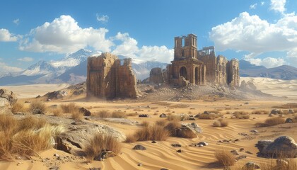 Desert Ruins, Ancient ruins or abandoned settlements in the desert, hinting at the civilizations that once thrived in these harsh environments
