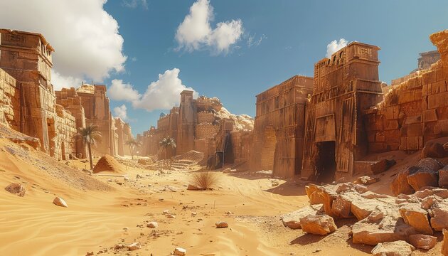 Desert Ruins, Ancient ruins or abandoned settlements in the desert, hinting at the civilizations that once thrived in these harsh environments