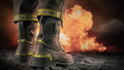  fireman boots, with the flame of a fire explosion erupting in the background, worn by a brave firefighter, are covered in soot and ash, showcasing the dangers of their profession, symbolizing bravery