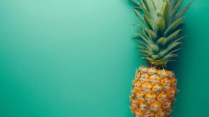 Top view of a fresh whole pineapple with succulent leaves on a teal background, epitomizing...
