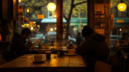 
A cozy coffee shop on a rainy day, warm yellow light spills from the windows, creating inviting shadows on wooden tables