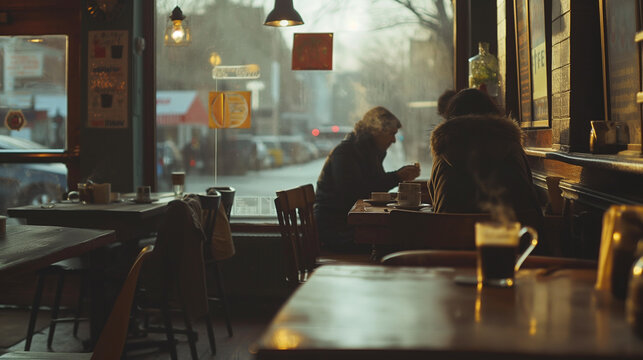 a couple of people are sitting at a table in a restaurant - Powered by Adobe