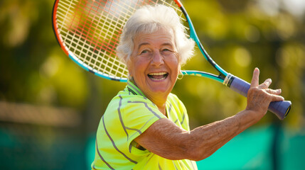 an old lady with a tennis racket in her hand