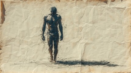 a drawing of a man standing in front of a white wall with a shadow of his body on the wall.