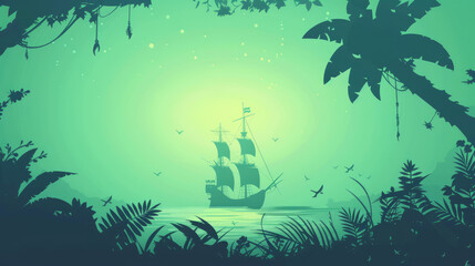 A mystical image showcasing a silhouetted sailboat on tranquil waters with foliage and birds, set against a teal sky