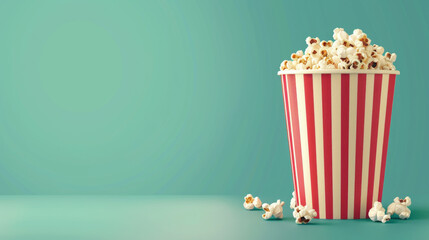 A classic red and white striped popcorn container full of popcorn on a teal backdrop, perfect for movie concepts