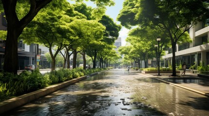 Green urban landscape managing rainwater with treelined streets sidewalks f - obrazy, fototapety, plakaty
