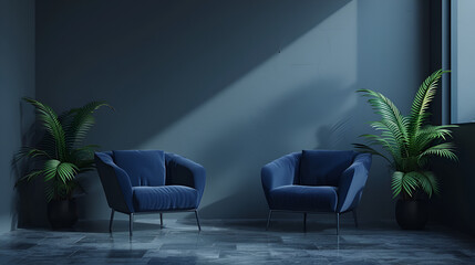 Fototapeta na wymiar Dark room with accents of Blue navy armchairs Trendy model, generative Ai