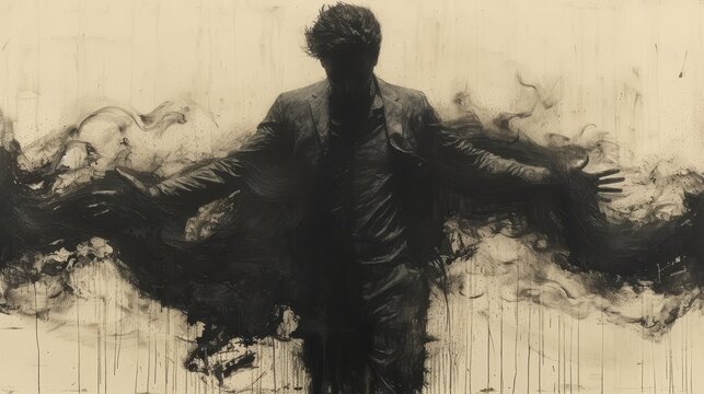 a black and white painting of a man standing in front of a wall with smoke coming out of his arms.