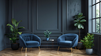 Dark room with accents of Blue navy armchairs Trendy model, generative Ai